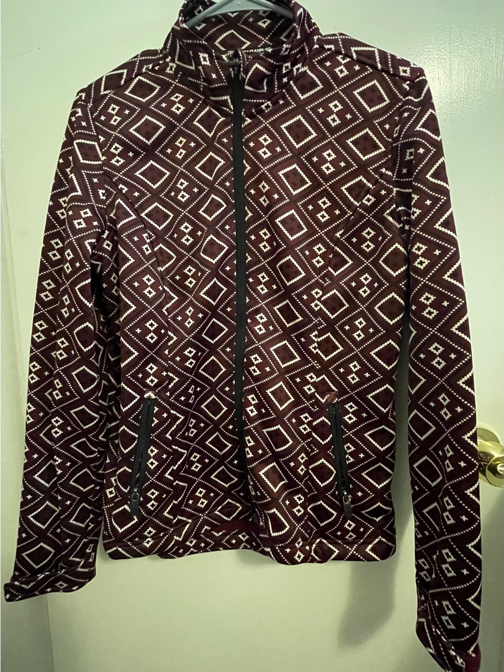 Diamond-Print Maroon Bomber Jacket with Zip Pockets